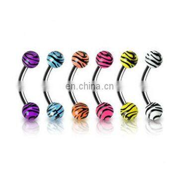 Curved barbell (eyebrow ring) with tiger print balls in uv acrylic body piercing jewelry rings