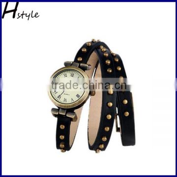 Roman PU Leather Weave Wraps Around Watch Rivet Wristwatch Retro Bracelet Black WP003