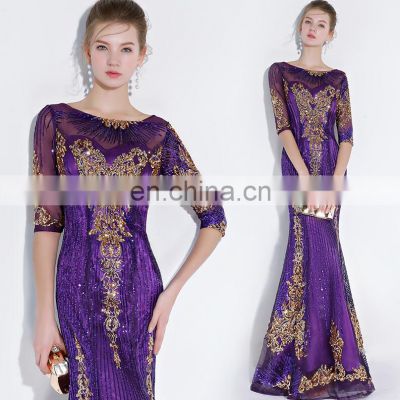 Mid-sleeve sequined evening gown super elegant sequined evening gown