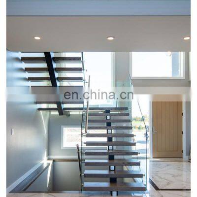 Straight Mild Steel Glass Modern Floating Staircase / Prefab Steel Glass Stair Indoor