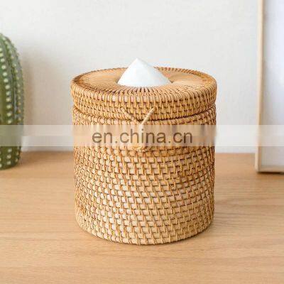 Hot Sale Rattan Round Tissue Box Tissue Roll Holders with Lid for Storage Single Roll Vietnam Supplier