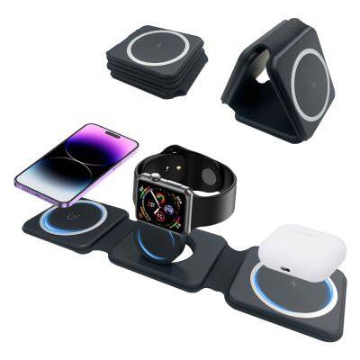 Magnetic 3 In 1 Foldable Wireless Charger For IP 12-15 Watch Earphone 3 in One 15W Fast Portable Carry Travel Magnetic Charger