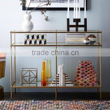 2016 Foshan Factory Supply Natural Glass Golden Stainless Steel Tall Console Table