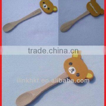 Cute design wooden Spoon for baby with own design PVC plastic cap or cover