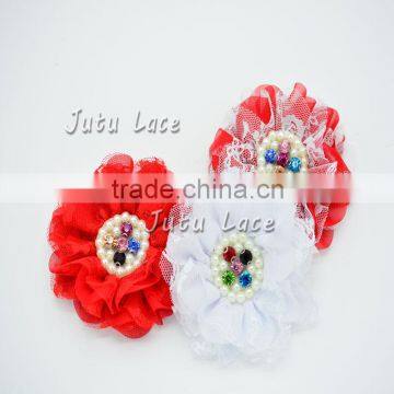 Chiffon lace flower- lace pearl and rhinestone flower- lace flower for hair clips