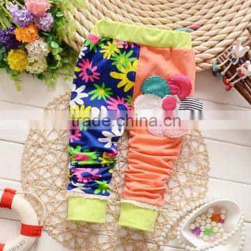 2015 hot sale girl flower colorful cotton pants&trousers for autumn and spring with pocket