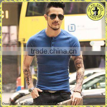 Ribbed stretch cotton T-shirt men's short-sleeved Slim collar cardigan T-shirt