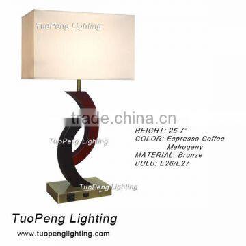 Night stand lamp with 3 way push button base switch and 2 outlet
