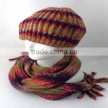 Knitted women winter colorful hat and scarf set