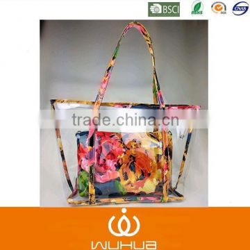 2015 Summer Tide girl new style Sugar jelly transparent shoulder bag with printing flower bag in bag