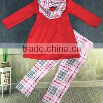 2016 new sale red top plaid legging 3 pcs scarf set wholesale boutique winter girls outfits