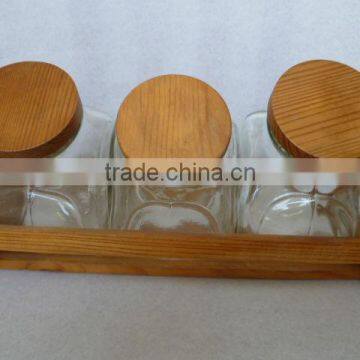 3pcs glass jar with glass wooden lid