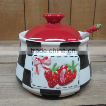 New strawberry emboss ceramic sugar pot with spoon