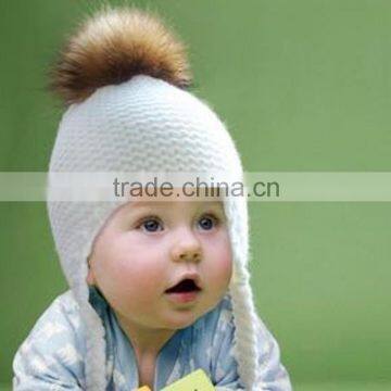 Hot Selling Winter Knitted Wool Baby Beanie Hat with Raccoon Fur Pom poms/Earflaps