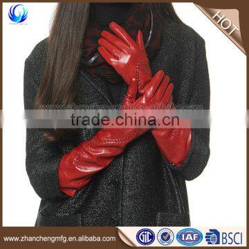 2016 new style ladies silk lined long red sheepskin leather touch gloves