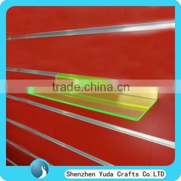 Green slatwall flat acrylic display shelf/ fluorescent color plexiglass shoes display wholesale