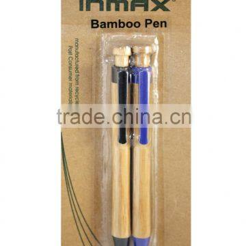 2pcs Bamboo bareel Ball Pen with color plastic clip and tip in blister card