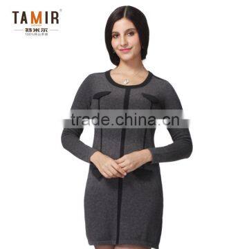 Long Sleeve Cashmere Dress Winter, Women Comfortable Grey Round Neck Cashmere Sweater