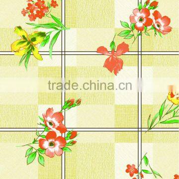 2015 Newest printed floral and checked design vinyl tablecloth with lace/waved/straight edge