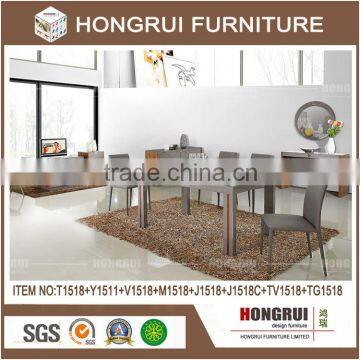 Modern design home dining furniture tempered glass top wooden dining room table