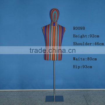 Articulated male Dress Form with Half-Leg -- Striped Linen mannequin