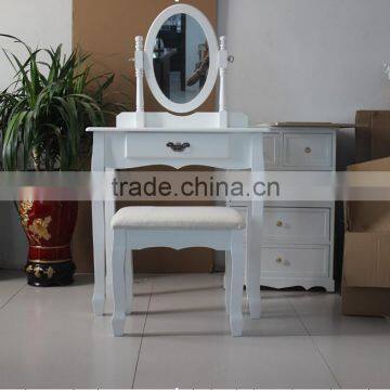 Bedroom Wooden Dressing Table Set, Wooden Dresser with Mirror and Stool