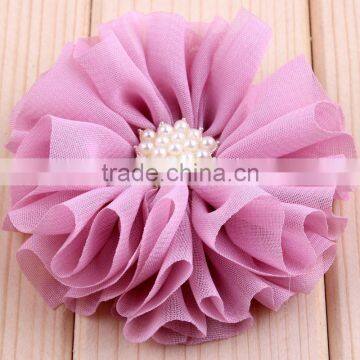 hot cutting chiffon flower with pearl bead center for kids hair accessories