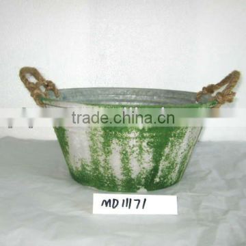 Green Galvanized Metal Bucket With Rope Handles