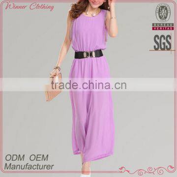 High Quality New Fashion ladies chiffon loose fit sleeveless Capris custom made jumpsuit with leather belt