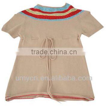 Spring girl's round neck jacquard pullover sweater with belt