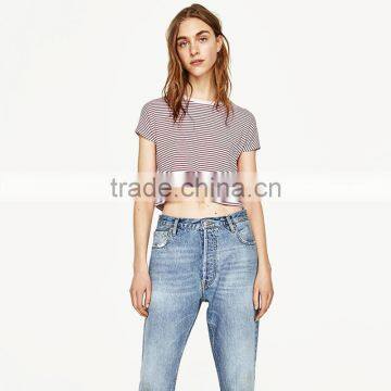 2017 Round Neck Short Sleeves Striped T-shirt Women Sexy Midriff Tank Tops photo-2