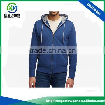 Top quality mens blue color soft polyester cotton fabric full zip hoodie, gym hoodie