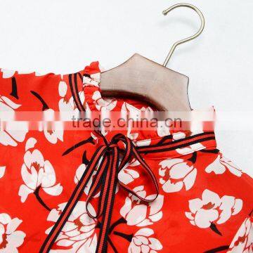 Wholesale Custom Long Sleeve Silk Blouse Printing Red Floral High-necked Daily Top for Ladies Summer Blouse photo-2