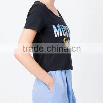 Custom Short Sleeve Cotton Black Printed T-Shirts For Women,Top Quality Silk Printing Womens Black T-Shirts Clothes photo-5