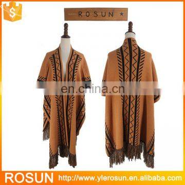 Open Front Striped And Fringed Hem Women Cape Sweater