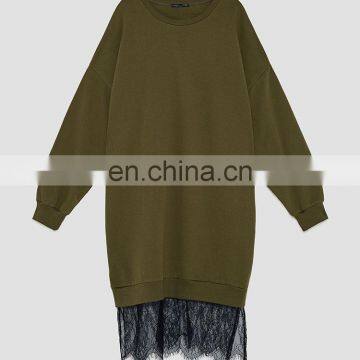 Custom Brand Fashion Women Clothing O Neck Lace Hem Hoodies Oversized Sweatshirt Dress