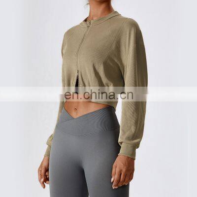 Women Warm Crop Tops Hoodies Custom Logo Double Sliders Zip Up Sleeve Sports Jackets 95polyester 5spandex photo-4