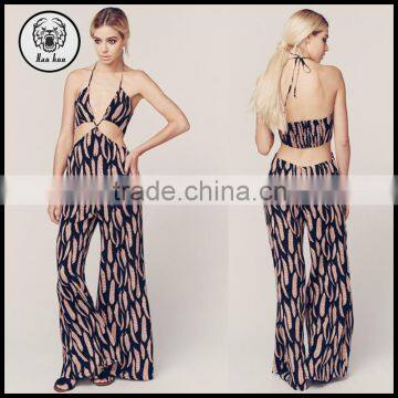 Sexy Open Back Long Wide Legs Printed Jumpsuits for Women 2015