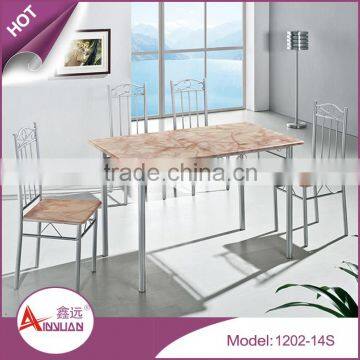 Factory sale 4 chairs 1.2m mdf and red marble top dining table with pvc paper