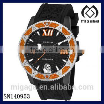 Original Men's Quartz Date Orange Watch Black rubber strap-Date display rubber strap orange bezel men's sporty watch