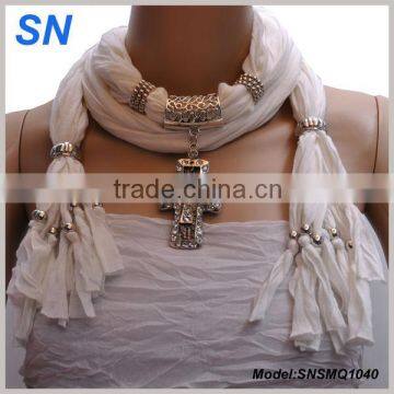 Diamond decorated Silver Cross Pendant Pashmina Shred scarf