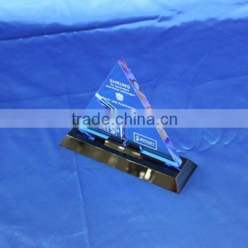 triangular blue acrylic trophy for engraving logo, custom shaped award with black base