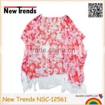 Pink Chiffon tropical palm and floral printing kimono shawl