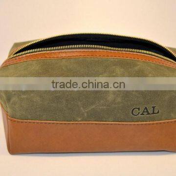 High quality and personalized waxed canvas and leather bag , waxed canvas zipper pouch with leather accents , waxed canvas pouch