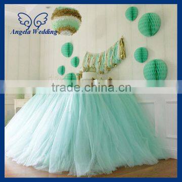 SK005E New arrival fancy beautiful light green bridal ruffled wedding tulle mint green table skirt