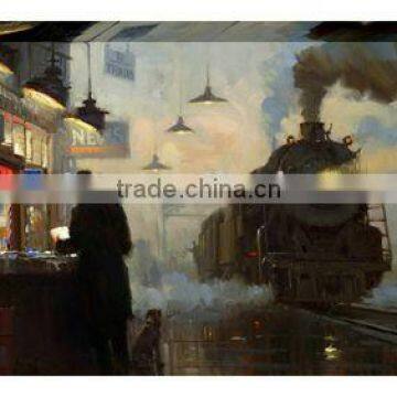 Hot! Retro trainstation old color old oil painting style restaurant decorating supplies