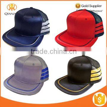 FLAT BILL Brim Trucker Mesh Snapback Satin 3 Blue Stripes Cap Hat 4 Colors