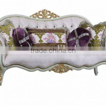 Elegant Purple & Green ButtonTufted Cuddle Sofa, Wood Carved Furniture Living Room Sofa, Retro Style Chesterfield Sofa Set