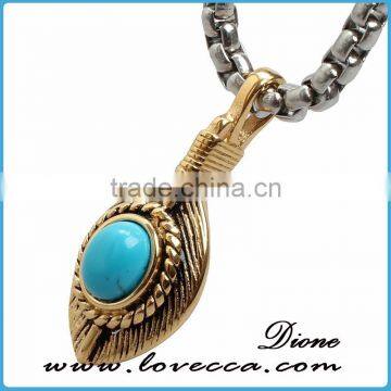 Top Sale Ruby Stone Titanium Steel Skull Feather Necklace Jewelry Mens Turquoise Stone Stainless Steel Feather Pendant photo-4