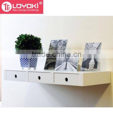 New design MDF wood organizer wall decoration Floating Wall Mounted Multipurpose floating Shelf with 3 Drawers